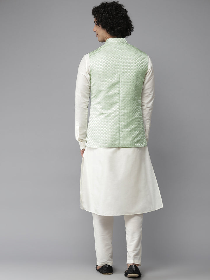 Men Sap green & White Solid Kurta Pyjama With Nehru jacket