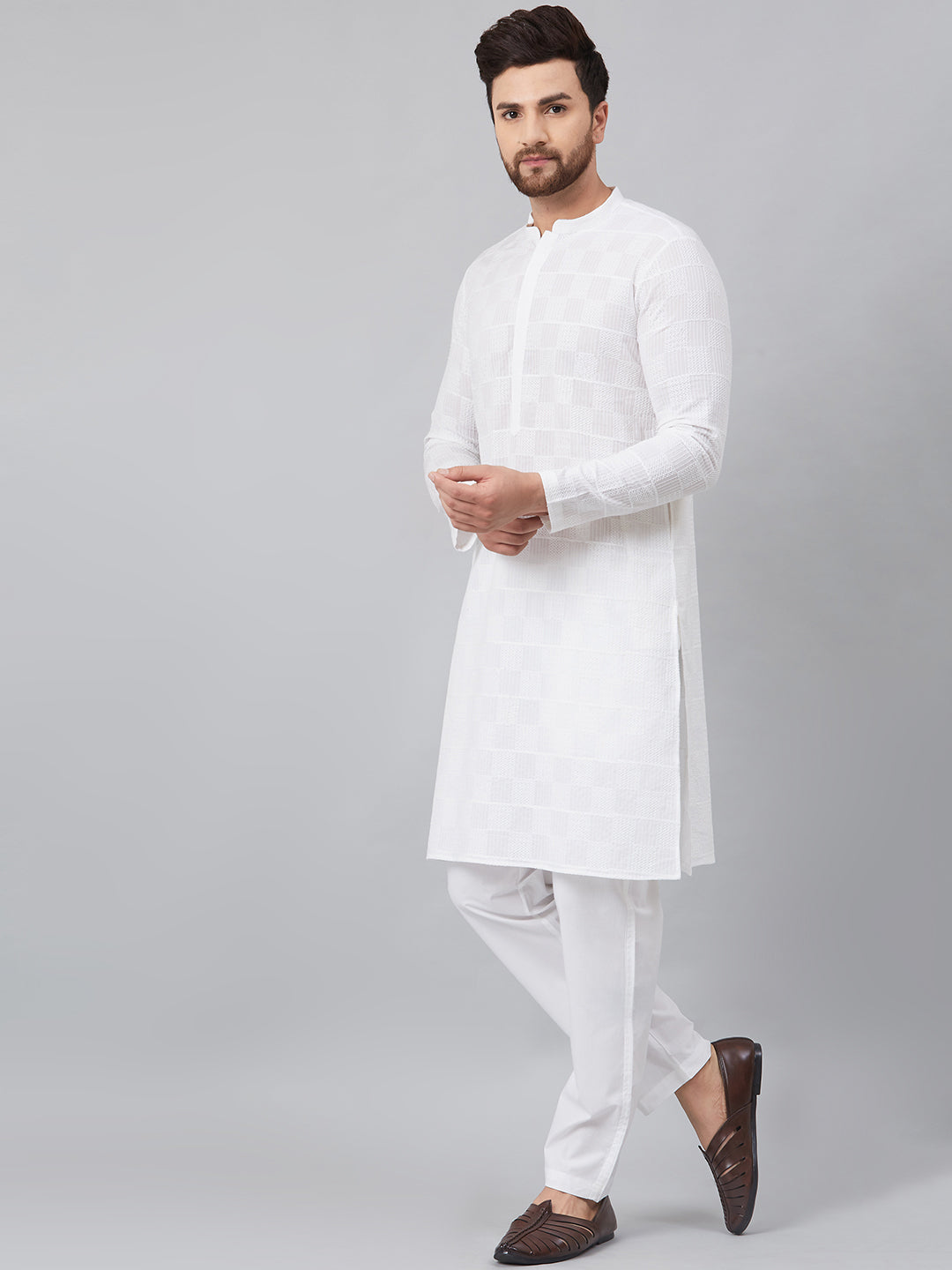 White Green Chikankari Embroidered Woven Design Straight Kurta With Pyjama