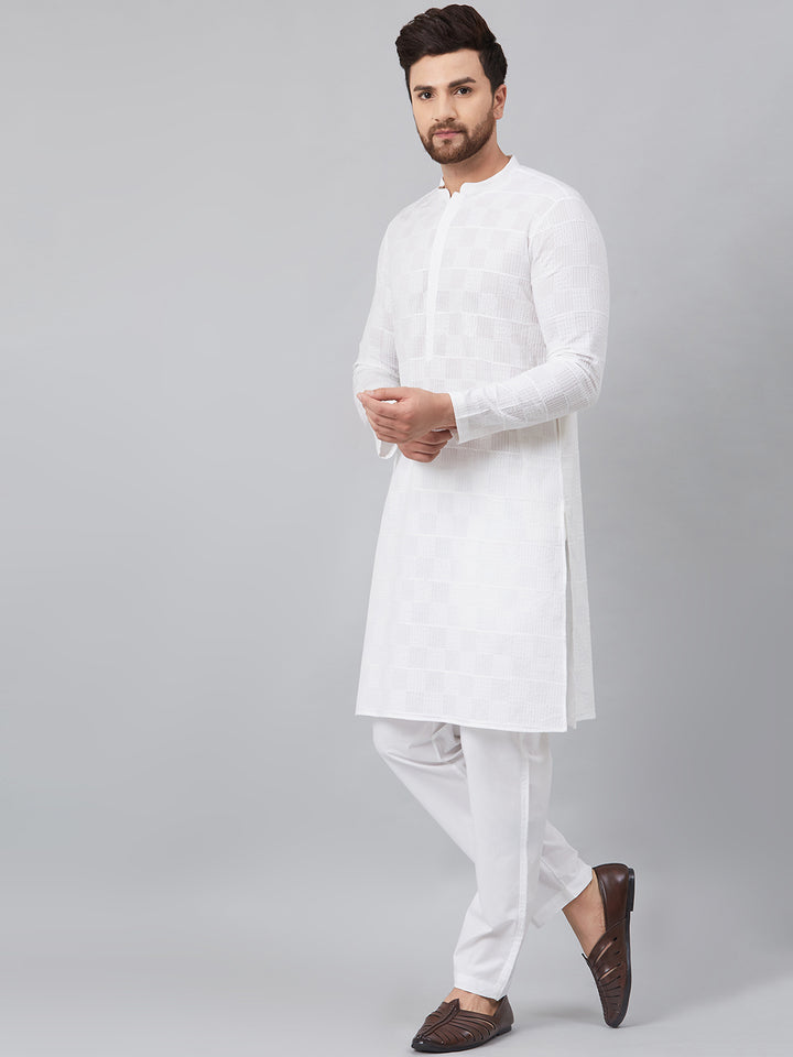 White Green Chikankari Embroidered Woven Design Straight Kurta With Pyjama
