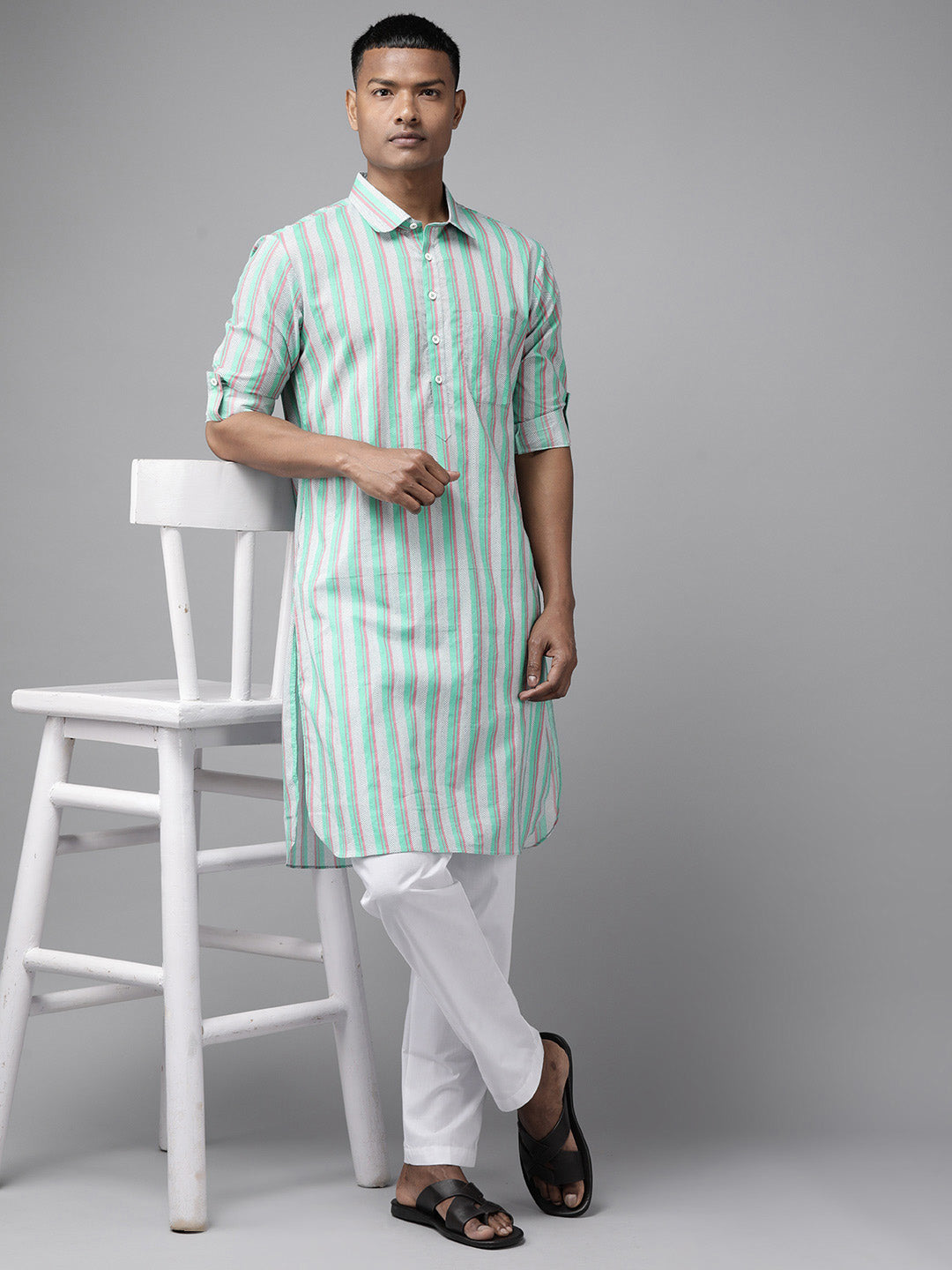 Men Green Regular Pure Cotton Pathani Kurta with white Salwar