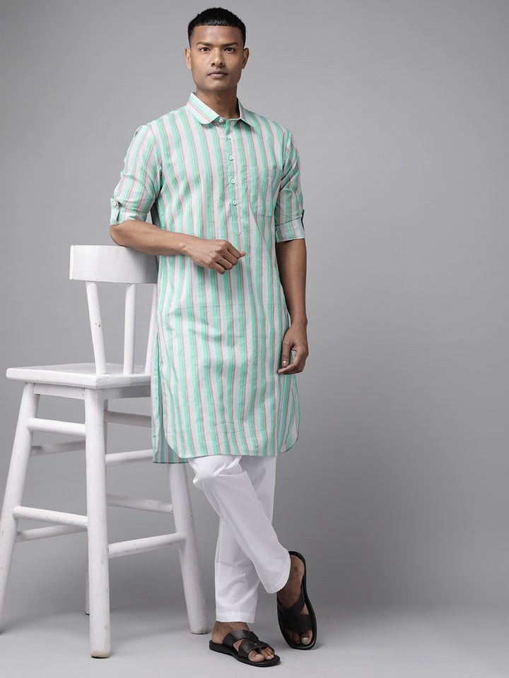 Men Green Regular Pure Cotton Pathani Kurta with white Salwar