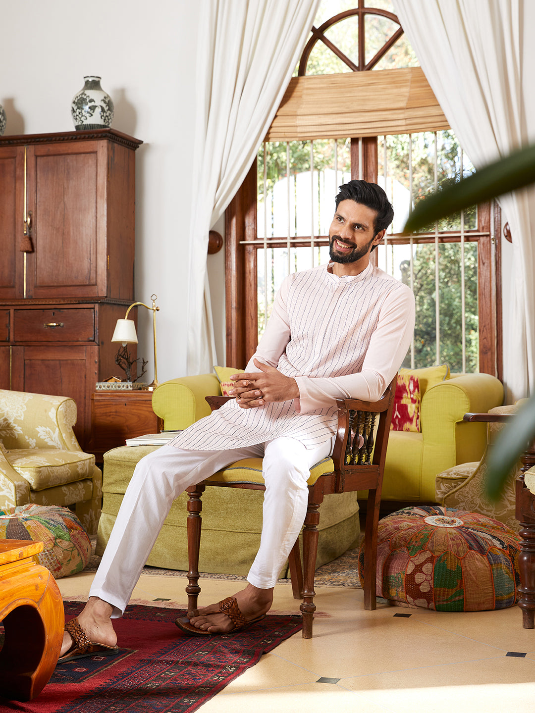 Thread & Sequin Worked Pure Cotton Straight Kurta with Pyjama