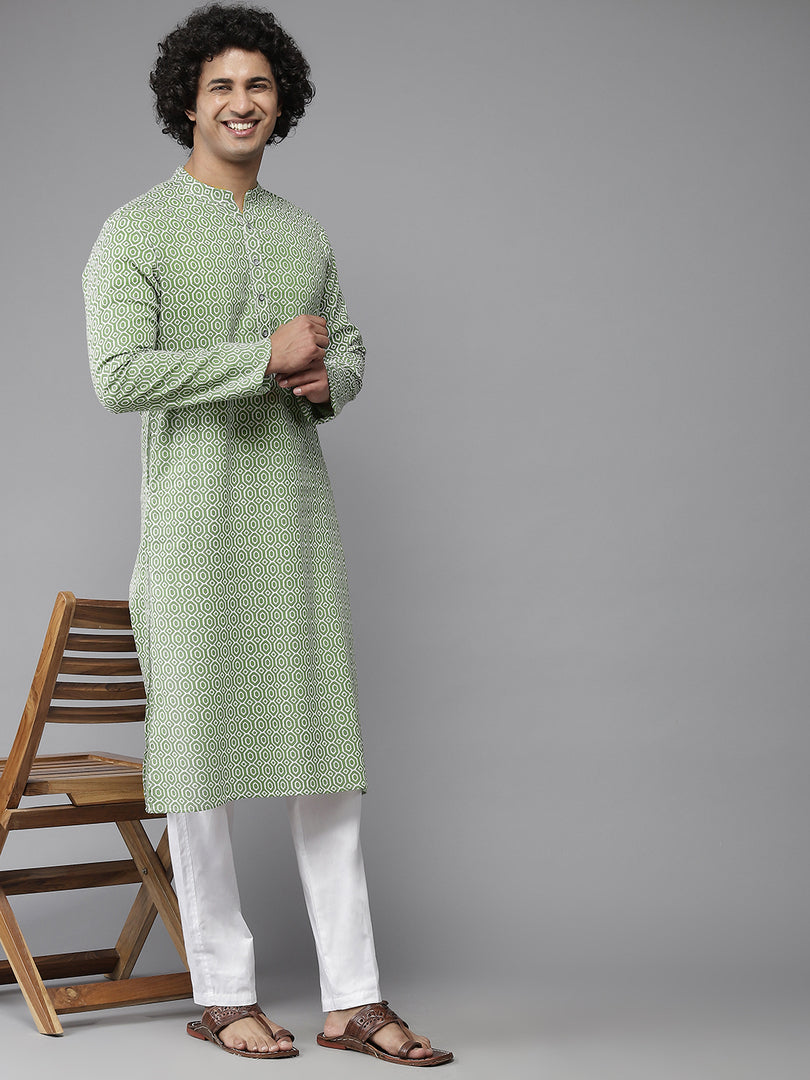 Men Green-Coloured And White Printed Pure Cotton Straight Kurta