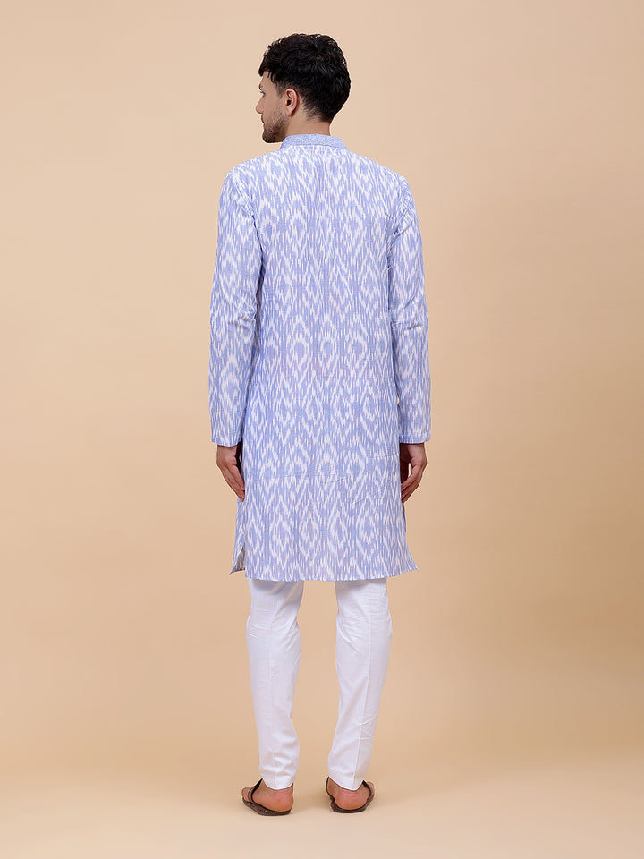 Printed Ikat Pure Cotton Straight Kurta with Embroidered Neck Design