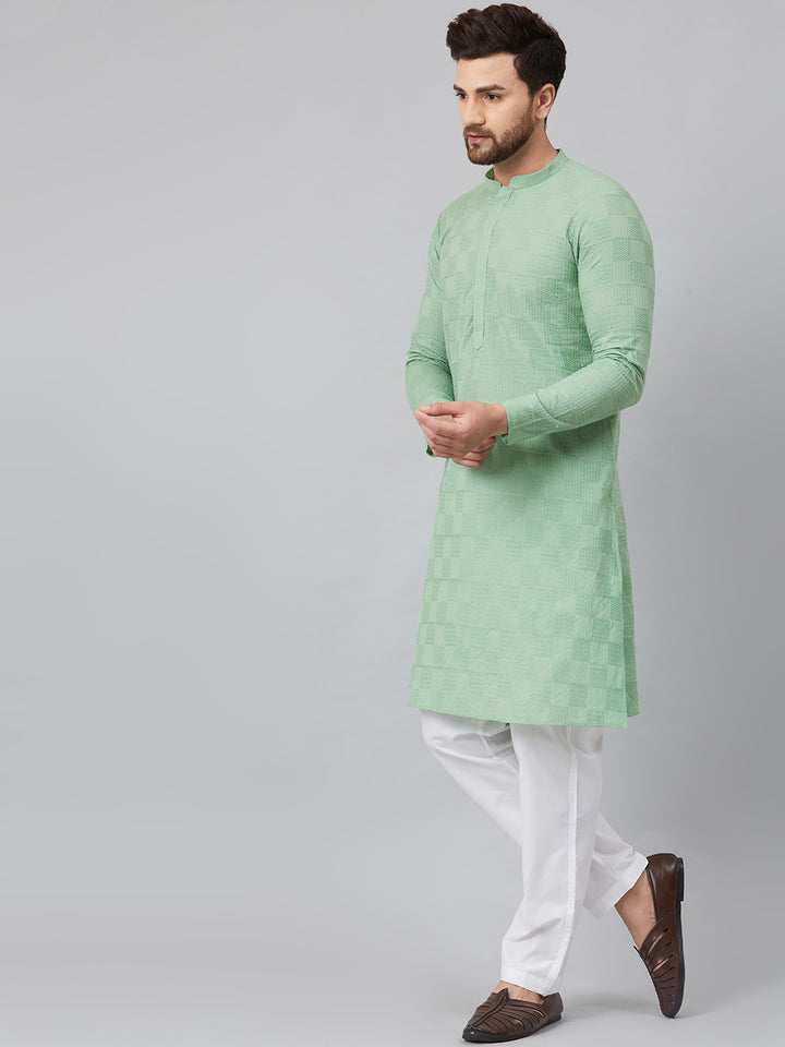 Men Green Chikankari Embroidered Woven Design Straight Kurta With Pyjama