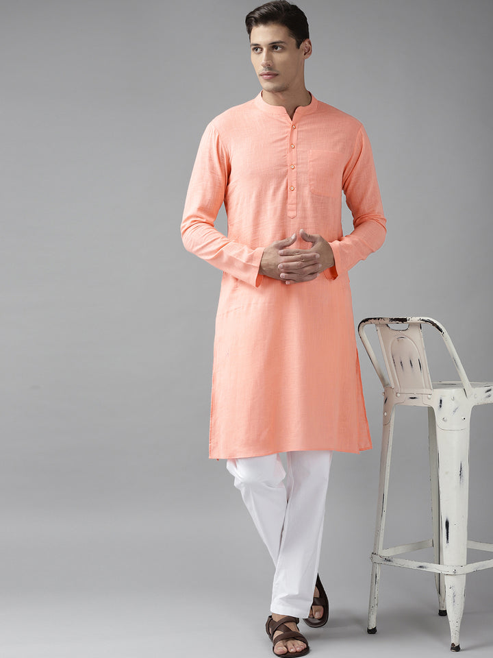 Men Peach Cotton Slub Straight Kurta with Pyjama