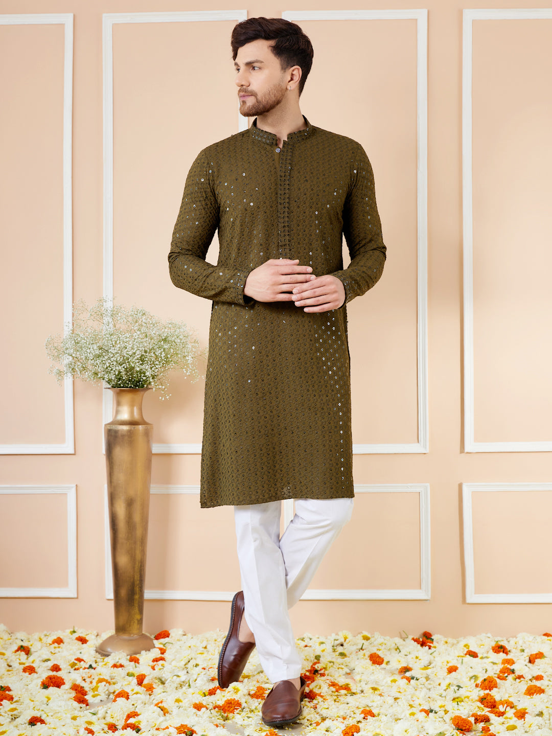 Olive Sequins Embroidered Rayon Kurta with Pyjama