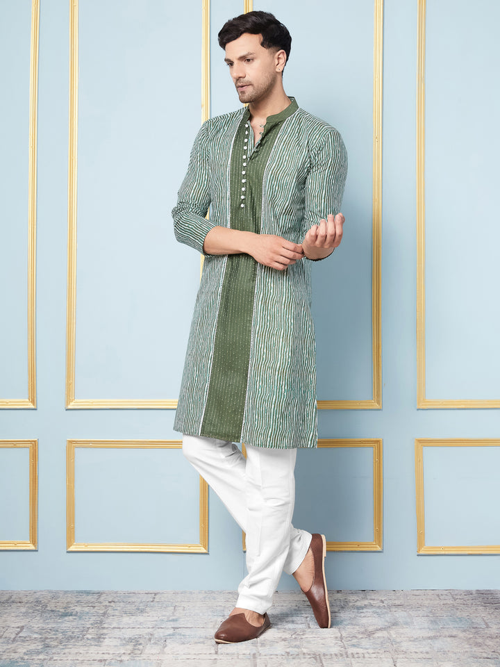 Green Striped Printed Kurta With Pyjama