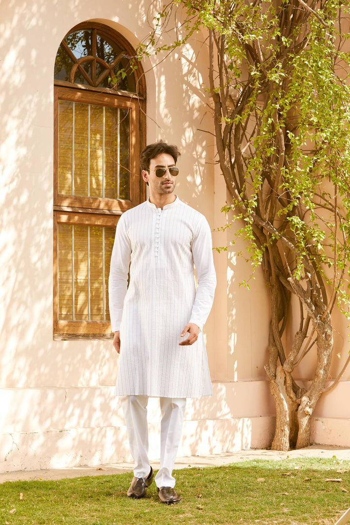 Pintuck with Thread work Pure Cotton Straight Kurta with Pyjama