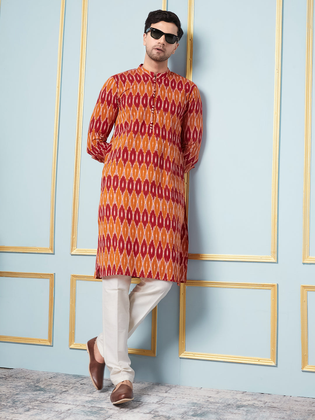 Orange Ikat Printed Kurta With Pyjama