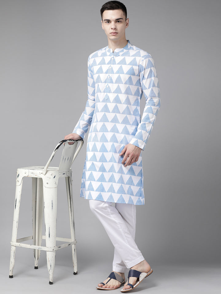 White-Blue Printed Straight kurta with Pyjama