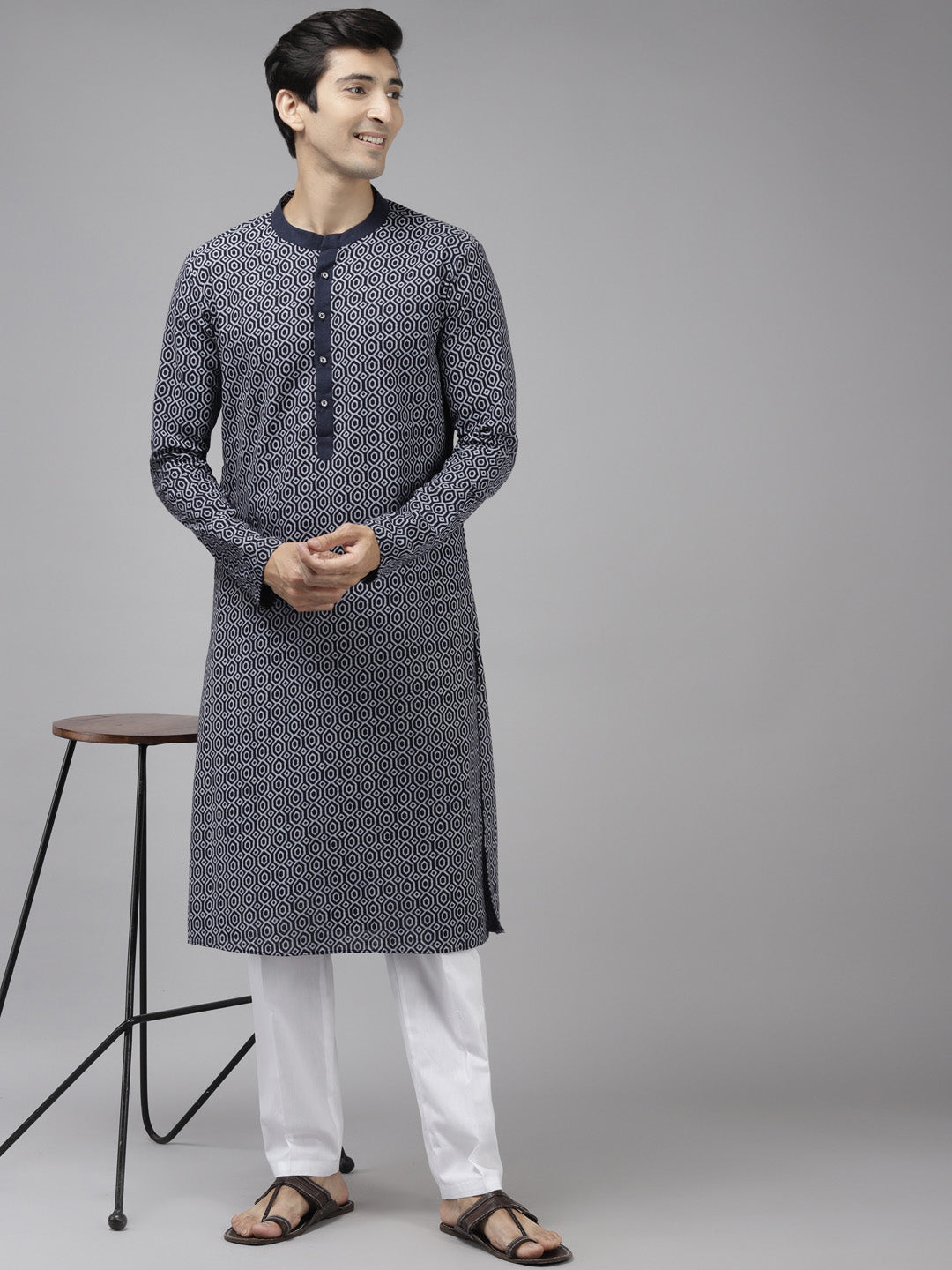 Men Blue Printed Thread Work Indigo Kurta