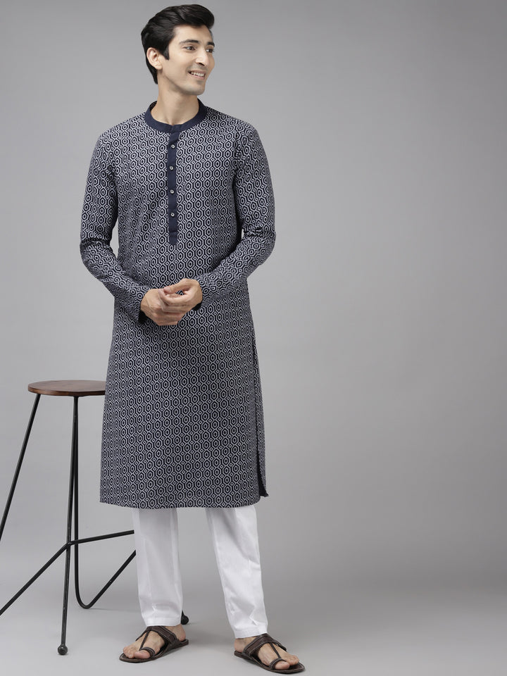 Men Blue Printed Thread Work Indigo Kurta