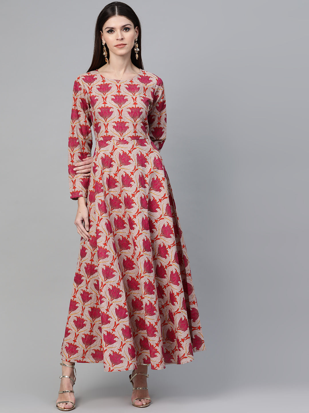 Magenta & Beige Floral Printed Flared Maxi Dress