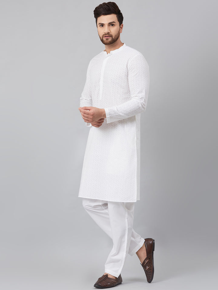White Green Chikankari Embroidered Woven Design Straight Kurta With Pyjama
