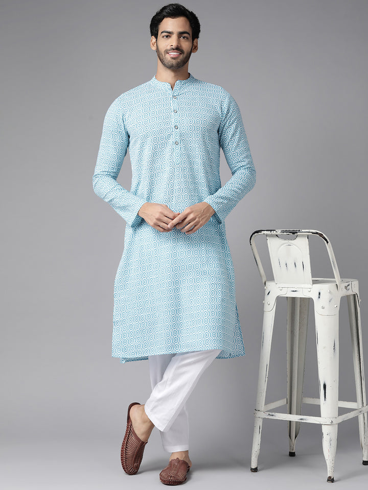 Men Blue-Coloured & White Printed Pure Cotton Straight Kurta With Pyjama