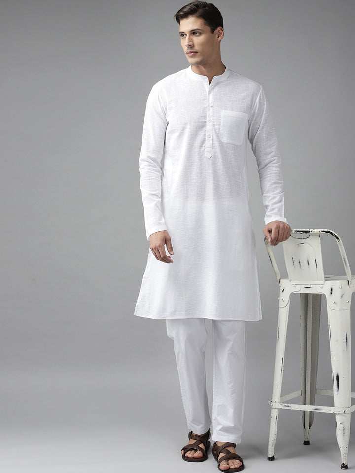 Men Cream Cotton  Straight Kurta with Slub Effect With Pyjama