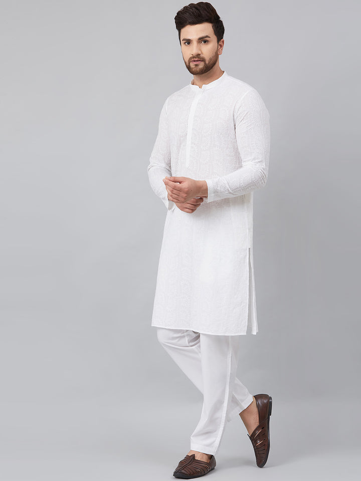 Men White Chikankari Embroidered Woven Design Straight Kurta