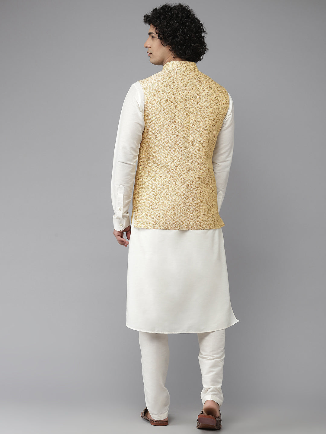 Men Gold & White Solid Kurta Pyjama With Nehru jacket