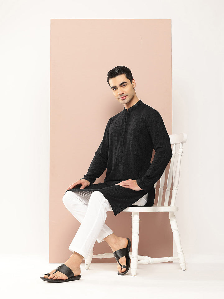 Men's Black Embroidered Threadwork & Sequined Chanderi Silk Straight Kurta