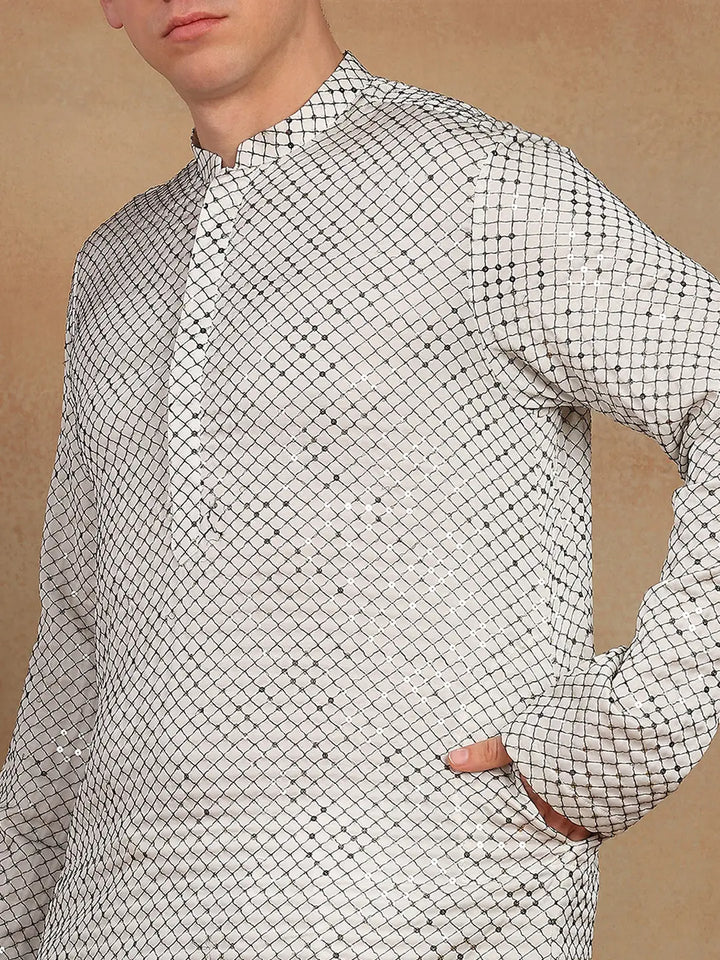 Men White Sequins Embroidered Straight Kurta with Pyjama – White