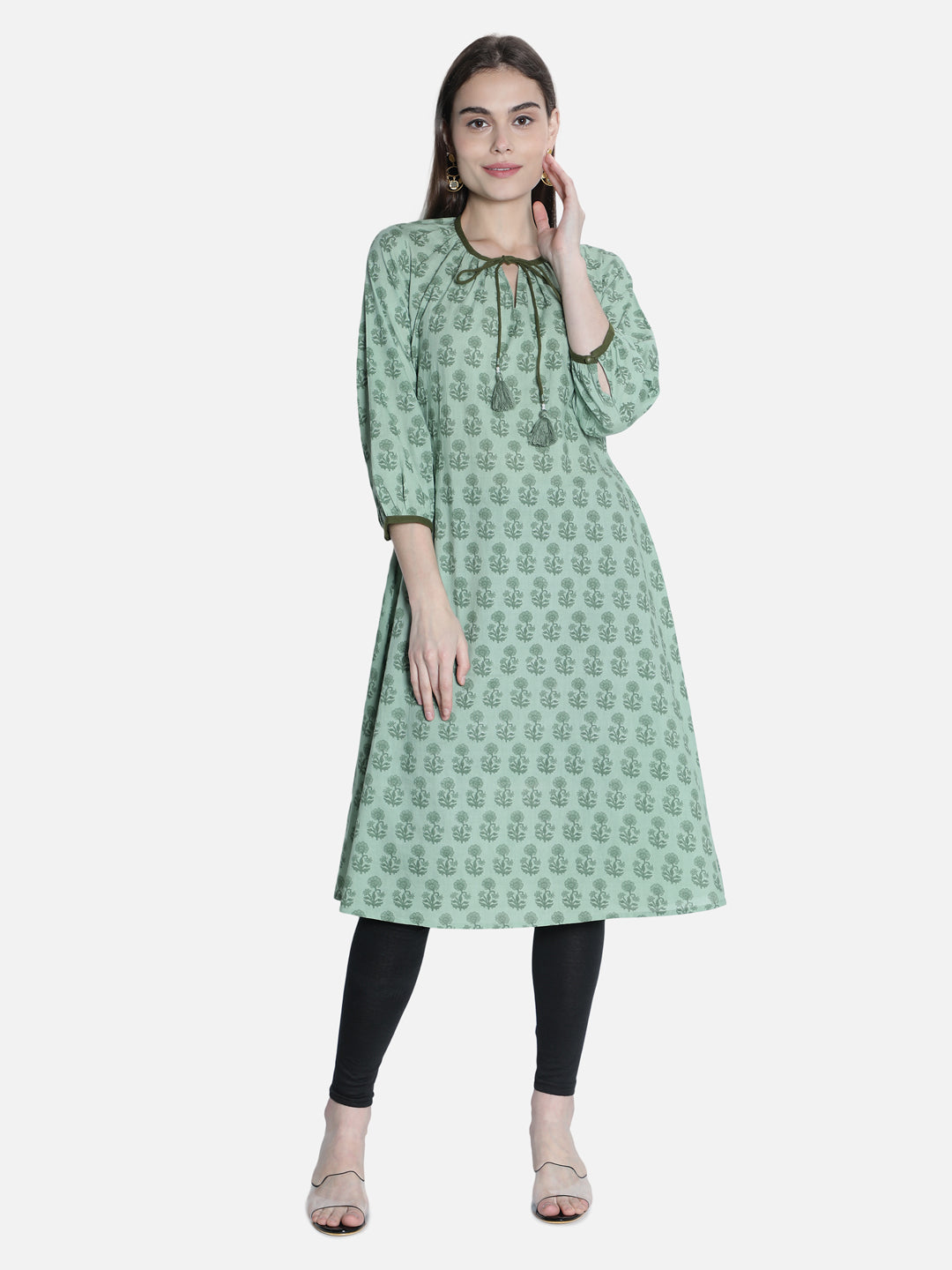 Women Printed Green A Line Dress