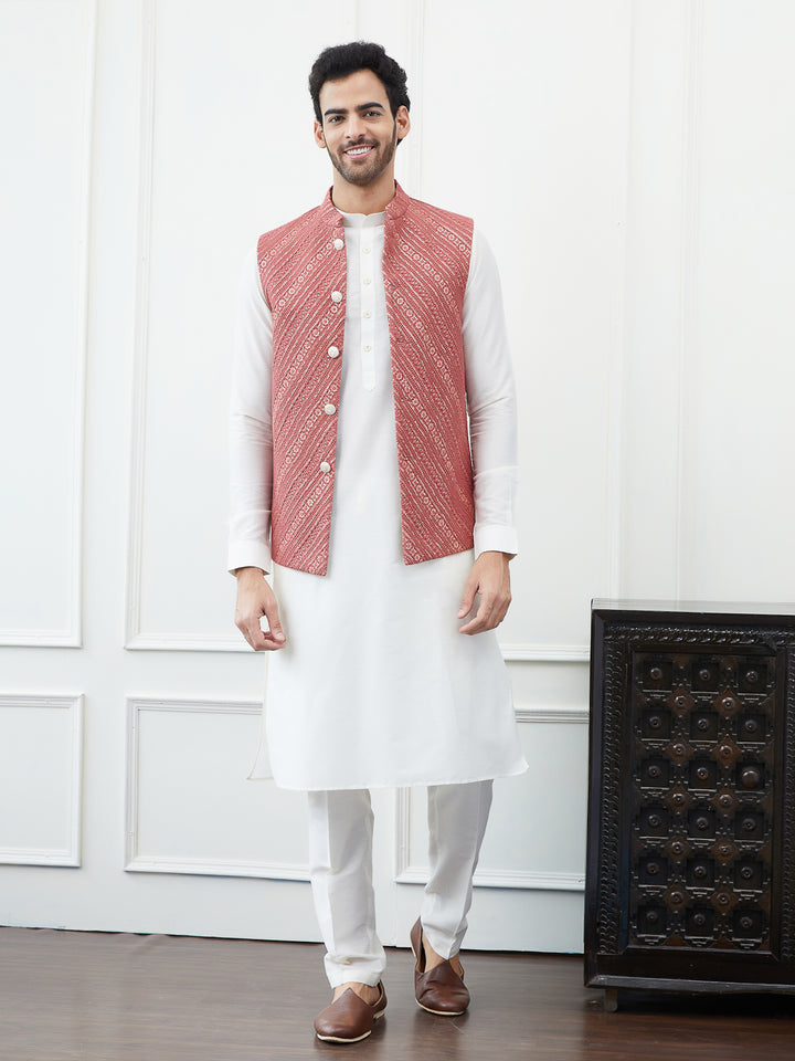 Pure Cotton Straight Kurta & Pyjama with Sequins Embroidered Nehru Jacket