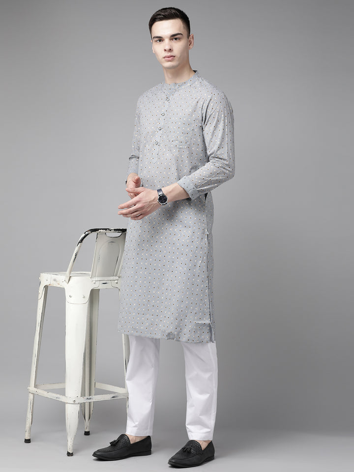 Men Grey & Gold Printed Straight Kurta
