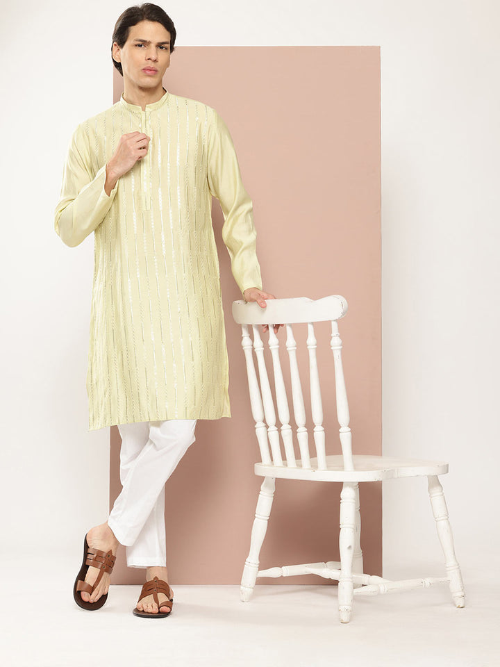 Men's Pista Green Embroidered Thread Work Sequined Chanderi Silk Kurta