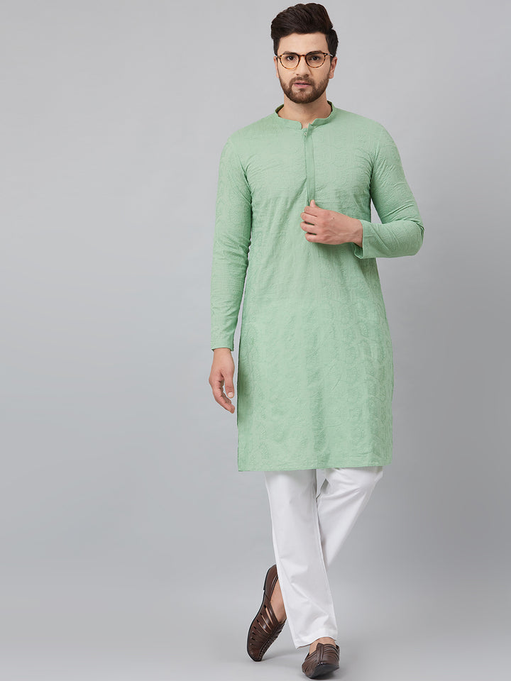 Men Green Chikankari Embroidered Woven Design Straight Kurta With Pyjama