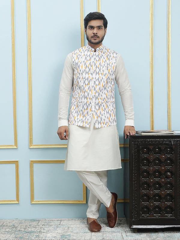 Pure Silk Straight Kurta & Pyjama Set with Printed Cotton Nehru Jacket – Off White