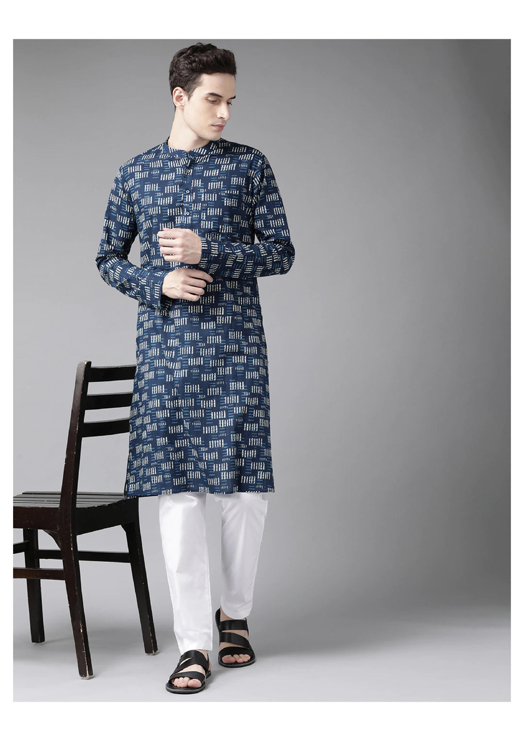 Men Blue And Beige Printed Straight Kurta With Pyjama