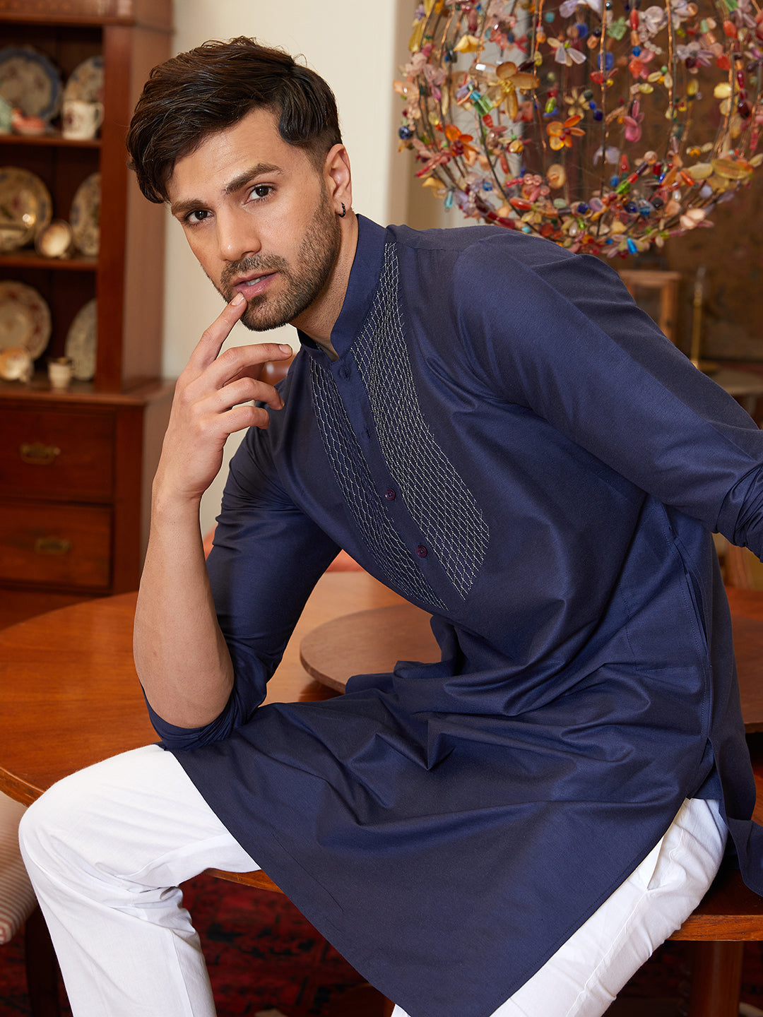 Pintuck Yoke Cotton Silk Straight Kurta with Pyjama