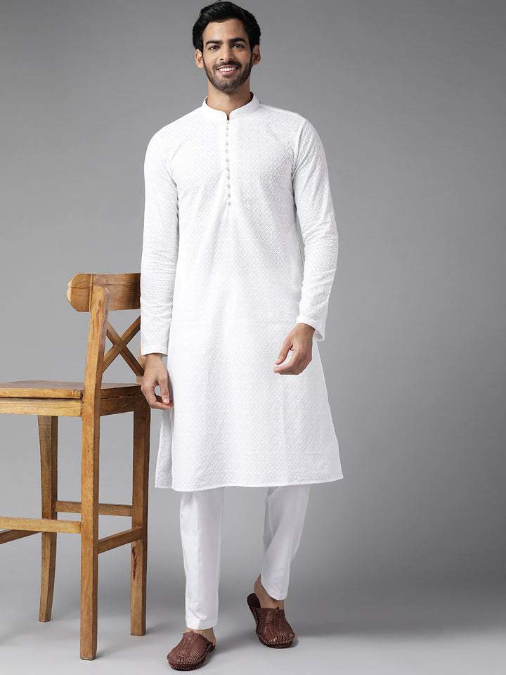 Men White Chikankari Embroidered Straight Kurta With Pyjama