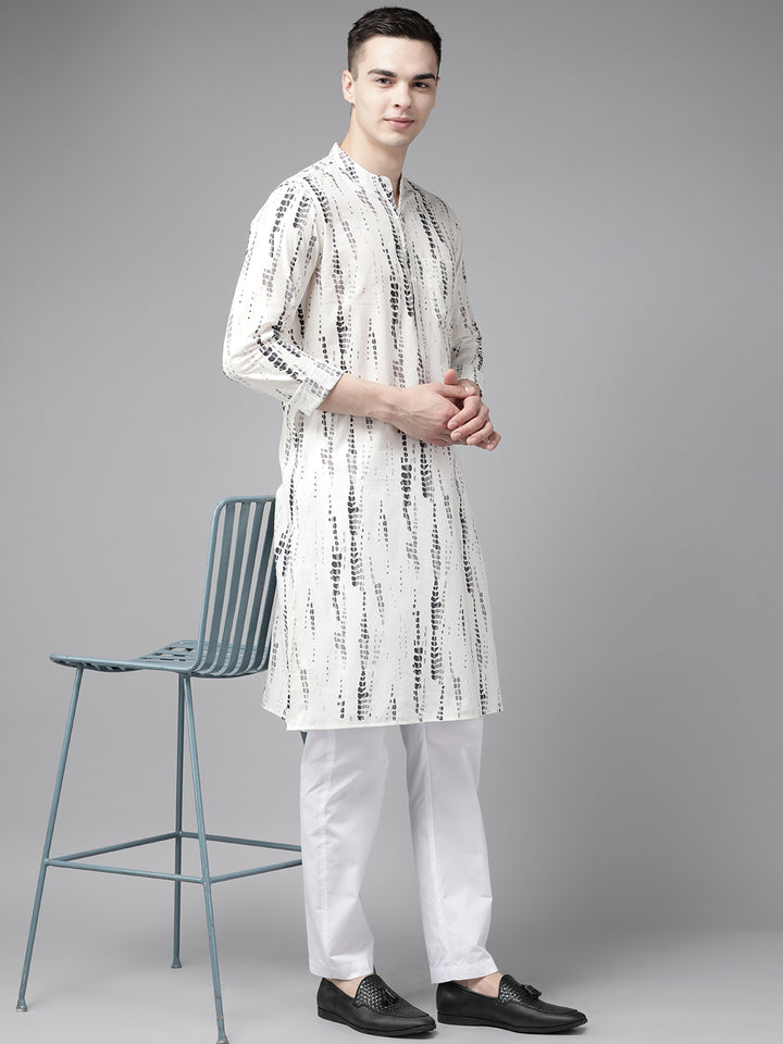 Men White Multi Tie and dye Print Design Straight Kurta