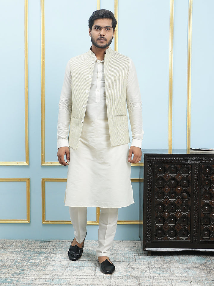 Pure Silk Straight Kurta & Pyjama Set with Handwoven Nehru Jacket