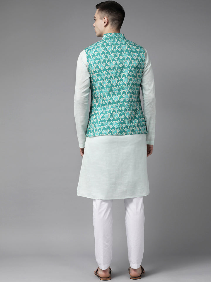 Men Green And Beige Printed Pure Cotton Kurta Pajama With Neharu jacket