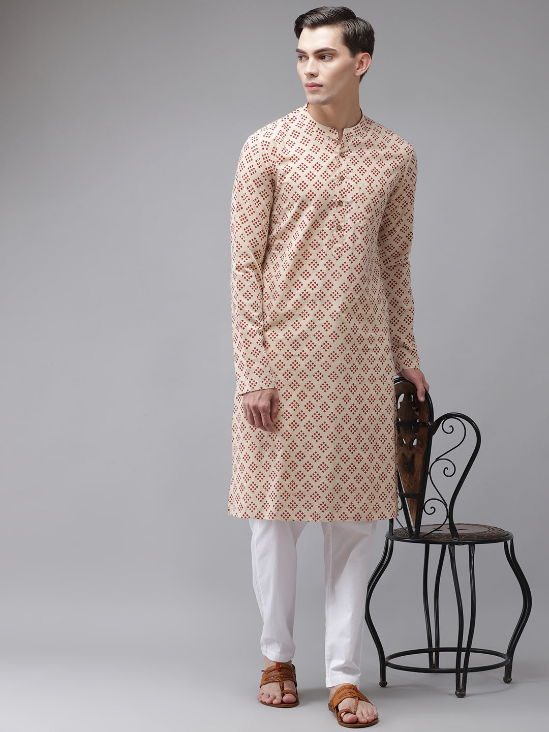 Men Beige And Maroon Hand Block Print Sustainable Straight Kurta