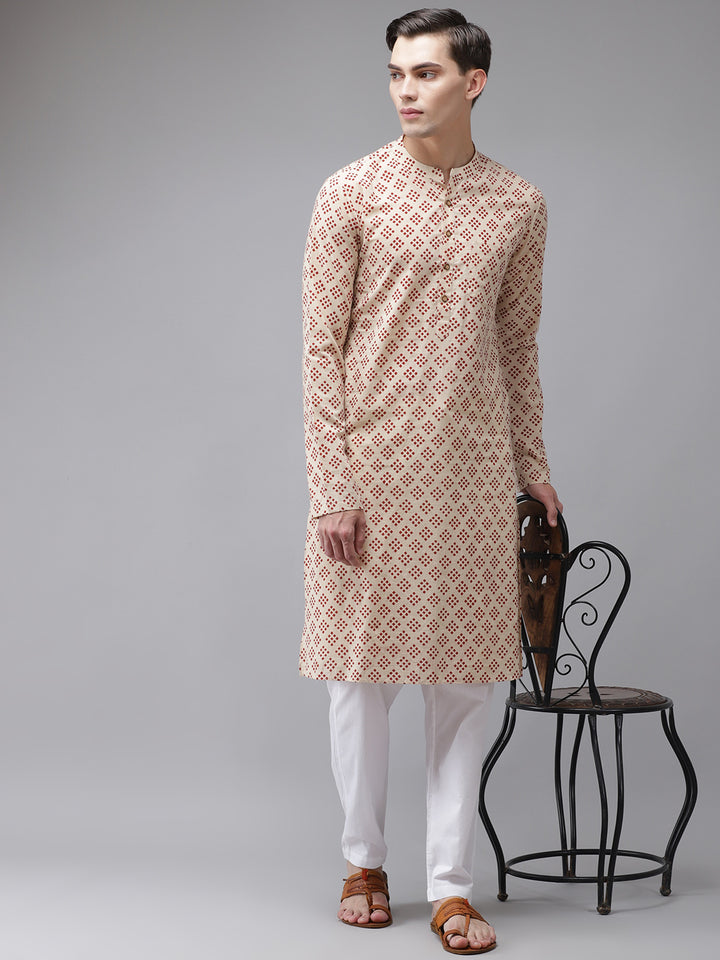 Men Beige And Maroon Hand Block Print Sustainable Straight Kurta