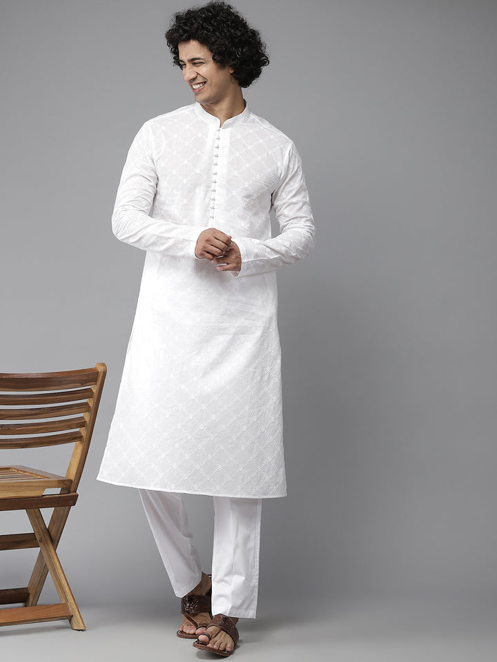 Men White Chikankari Embroidered Straight Kurta With Pyjama