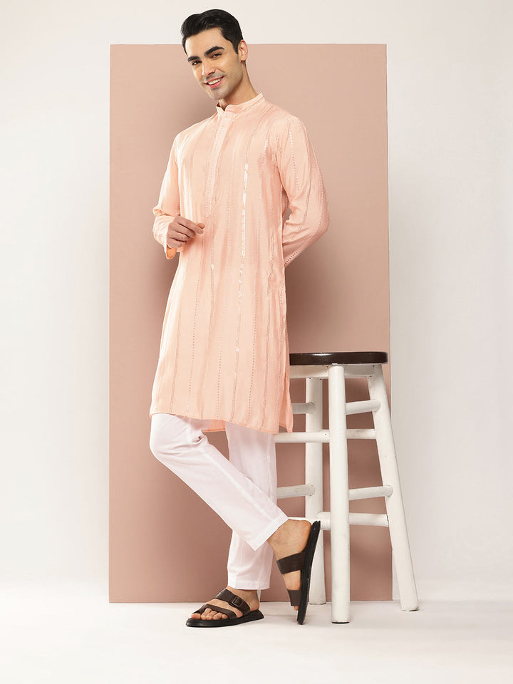 Men’s Light Pink Chanderi Silk Kurta with Embroidery and Sequins, Paired with Pyjama