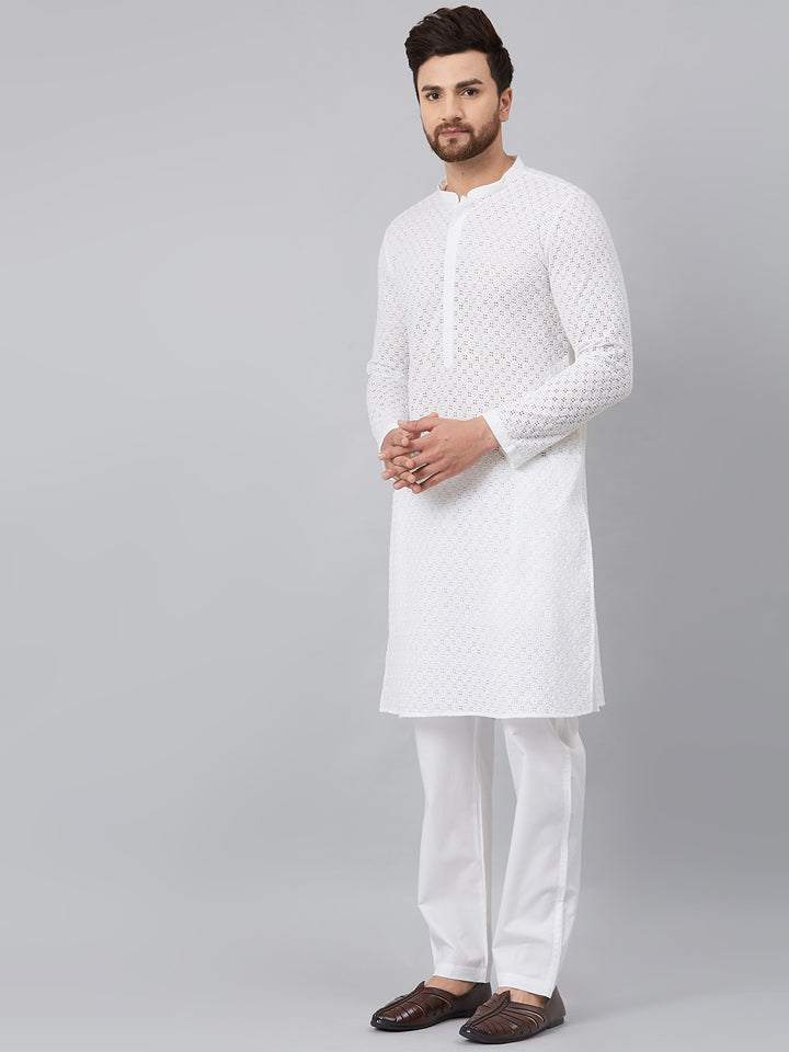 White Green Chikankari Embroidered Woven Design Straight Kurta With Pyjama