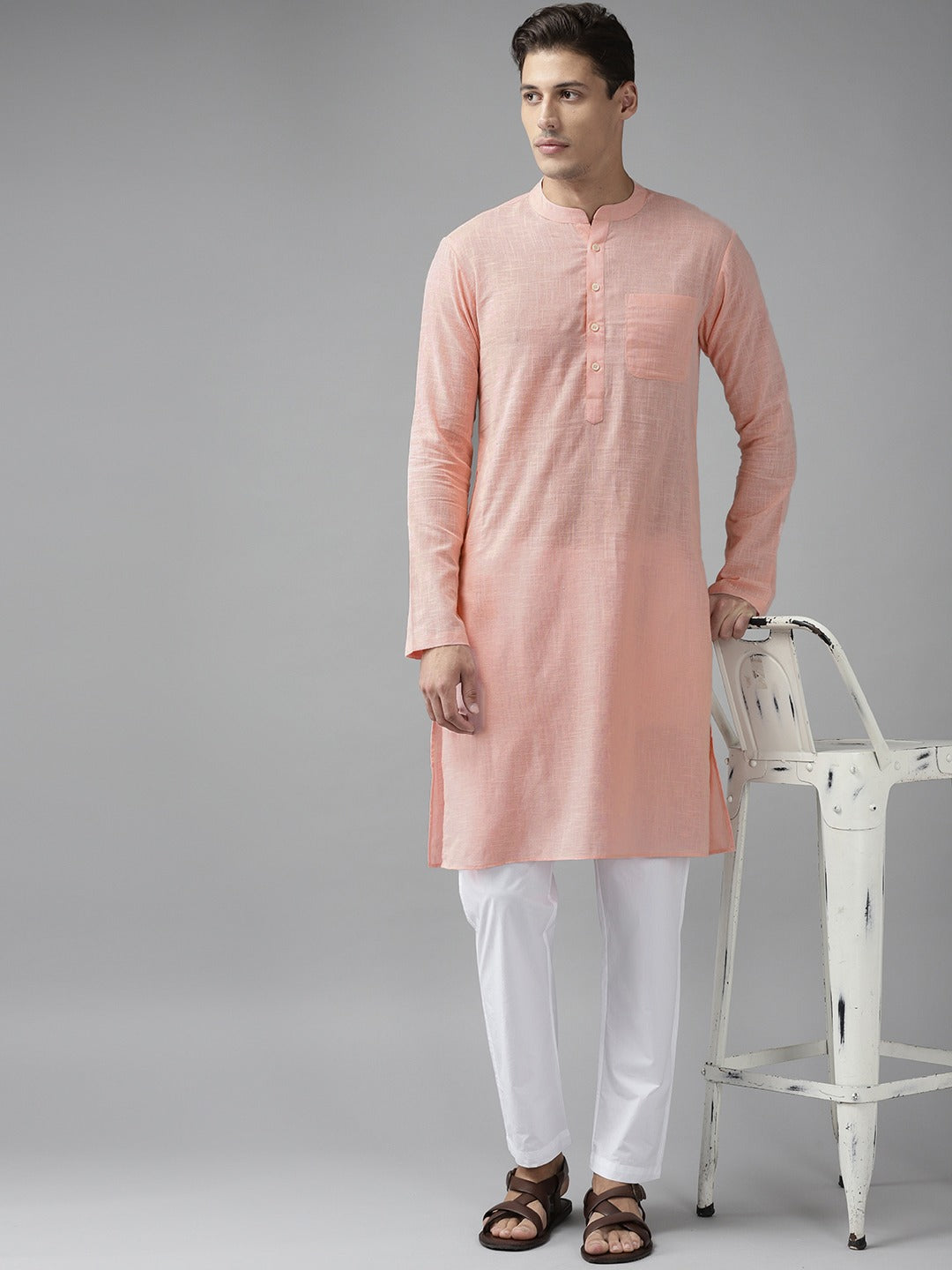 Men Pink Cotton  Straight Kurta with Slub Effect With Pyjama