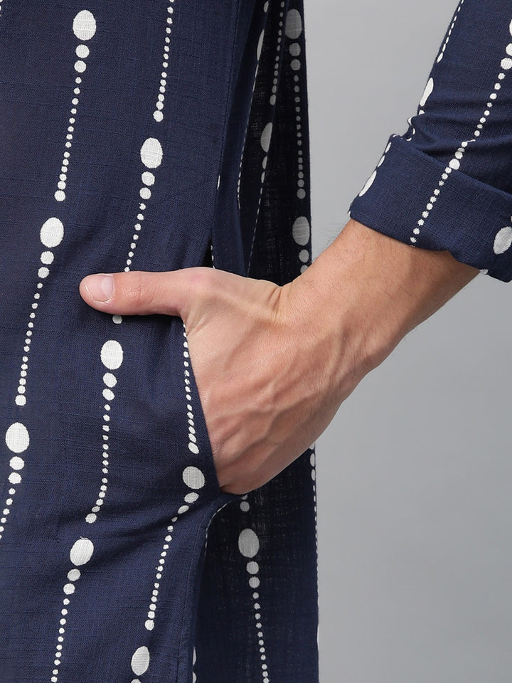 Men Navy Blue And White Printed Straight Kurta With Pyjama