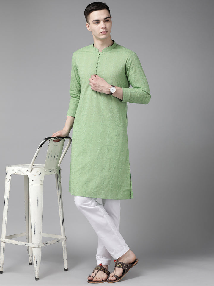 Men Green Pure Cotton Chikankari Embroidered Straight Kurta With Pajama