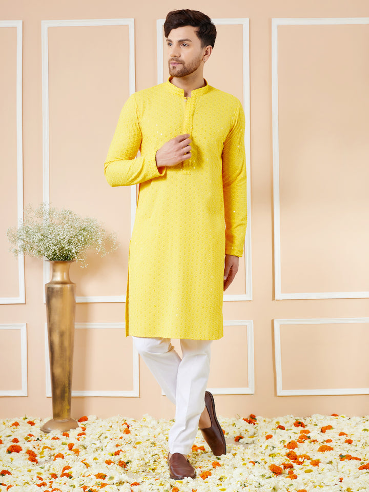 Yellow Sequins Embroidered Rayon Kurta with Pyjama