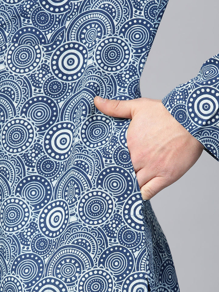 Men Blue Indigo Hand Block Print Straight Sustainable Kurta With Pyjama