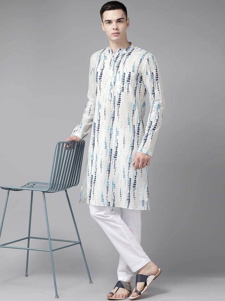 Men White Multi Tie and dye Print Design Straight Kurta With Pajama