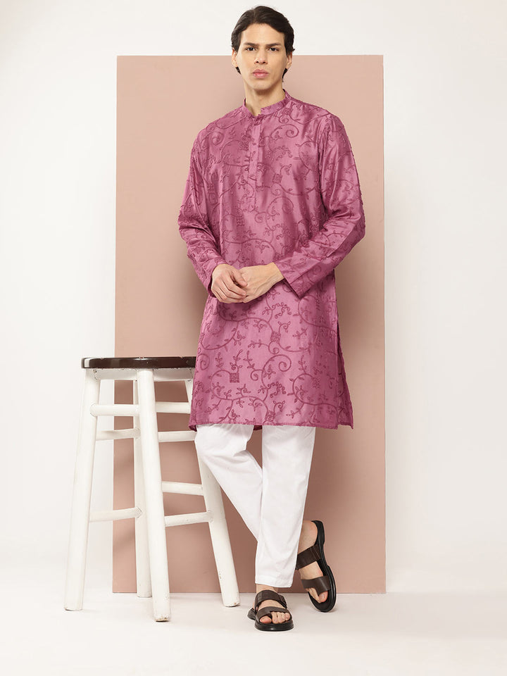 Men's Magenta Embroidered Thread Work Chanderi Silk Straight Kurta