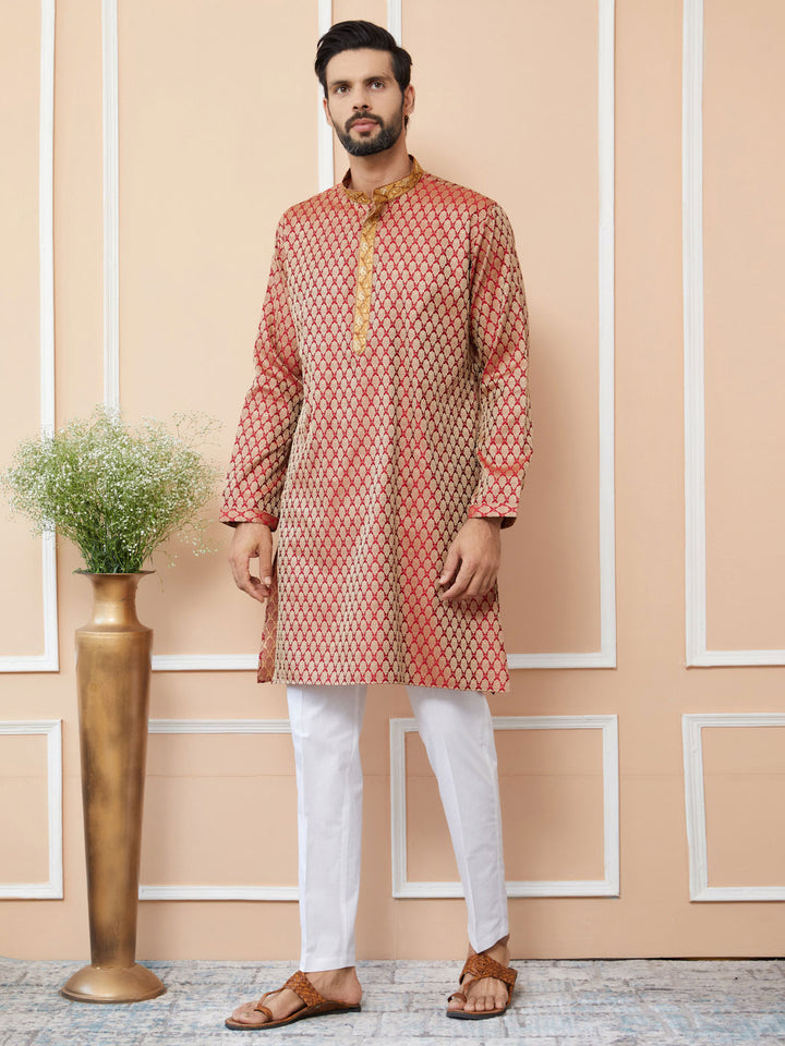 Red-Beige Ethnic Motifs Silk Jacquard Woven Design Straight Kurta with Pyjama with Embroidered Neckline